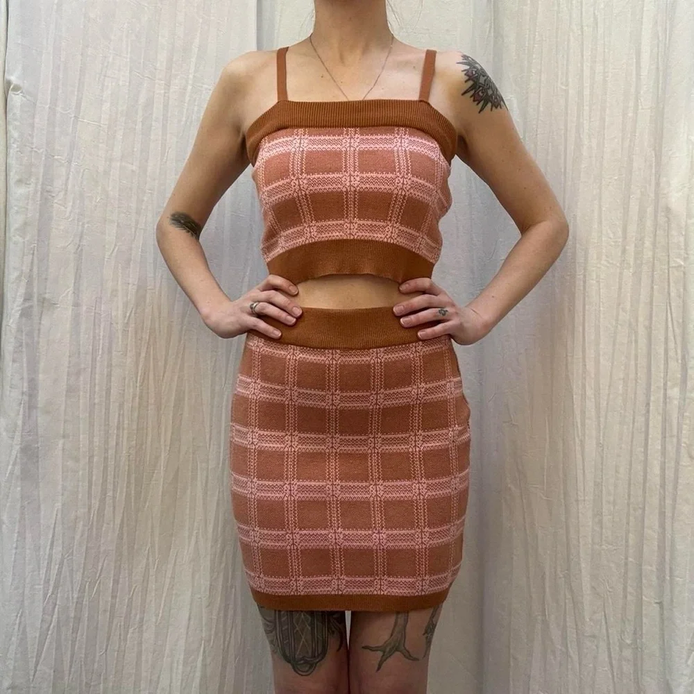 Pink and Tan Brown Plaid Tartan Knit Skirt Set- Cropped Tank Top and Skirt - Picture 4 of 8
